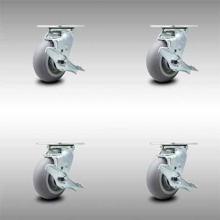 Service Caster 5 Inch SS Thermoplastic Rubber Swivel Caster Set with Roller Bearings and Brakes SCC-SS30S520-TPRRD-TLB-4